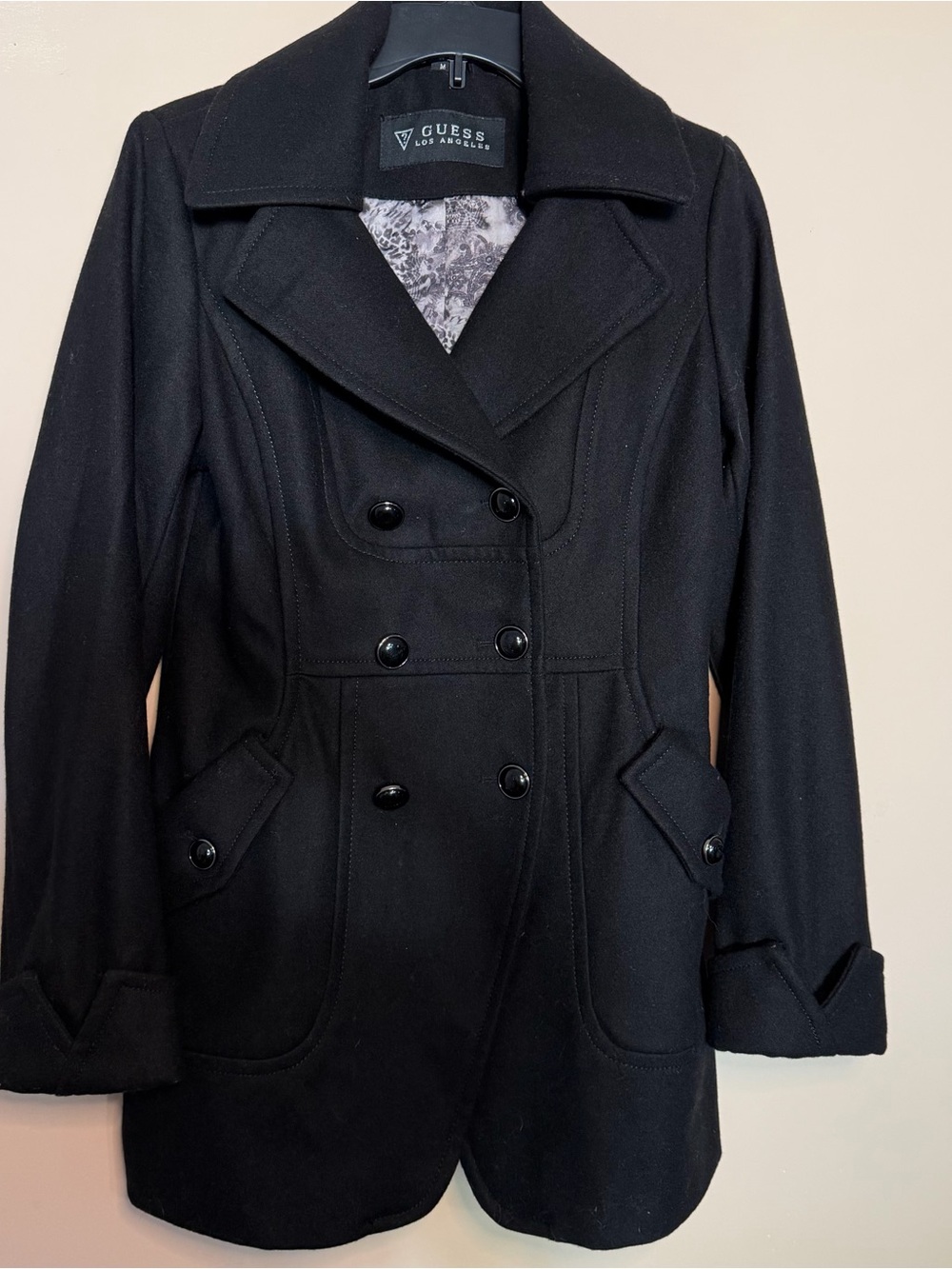 GUESS Los Angeles Black Double-Breasted Women's Peacoat Lined